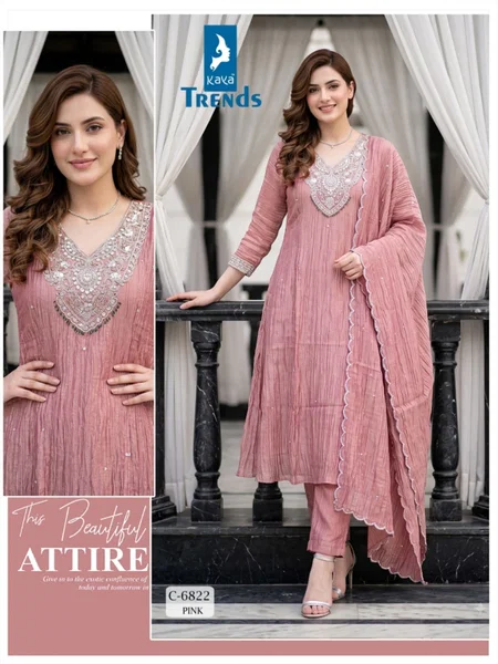 6822 By Kaya Crush Tissue A Line Kurti With Bottom Dupatta 